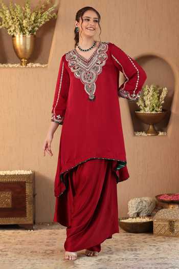 Buy Roohbyridhimaa Red Silk Satin V-neck Ruby Kurta And Draped Pant Co-ord Set Online at Aza Fashions Buy_Roohbyridhimaa_Red Silk Satin V-neck Ruby Kurta And Draped Pant Co-ord Set _Online_at_Aza_Fashions