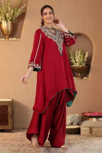 Shop Roohbyridhimaa Red Silk Satin V-neck Ruby Kurta And Draped Pant Co-ord Set Online at Aza Fashions Shop_Roohbyridhimaa_Red Silk Satin V-neck Ruby Kurta And Draped Pant Co-ord Set _Online_at_Aza_Fashions