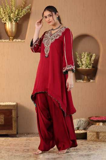 Buy Roohbyridhimaa Red Silk Satin V-neck Ruby Kurta And Draped Pant Co-ord Set Buy_Roohbyridhimaa_Red Silk Satin V-neck Ruby Kurta And Draped Pant Co-ord Set