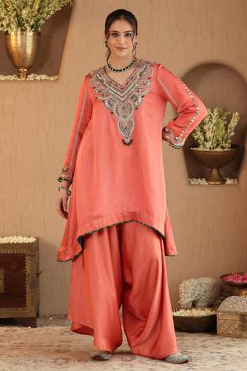 Roohbyridhimaa Rust Emerald Kurta & Draped Pant Co-ord Set 