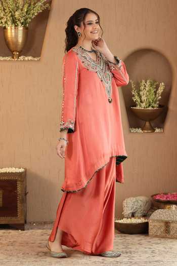 Buy Roohbyridhimaa Orange Silk Satin V-neck, Yes Rust Emerald Kurta And Draped Pant Co-ord Set Online at Aza Fashions Buy_Roohbyridhimaa_Orange Silk Satin V-neck, Yes Rust Emerald Kurta And Draped Pant Co-ord Set _Online_at_Aza_Fashions