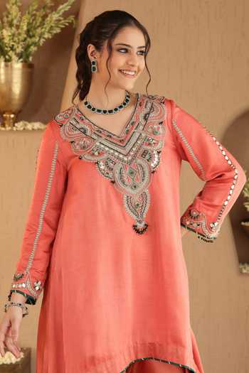Shop Roohbyridhimaa Orange Silk Satin V-neck, Yes Rust Emerald Kurta And Draped Pant Co-ord Set Online at Aza Fashions Shop_Roohbyridhimaa_Orange Silk Satin V-neck, Yes Rust Emerald Kurta And Draped Pant Co-ord Set _Online_at_Aza_Fashions