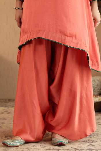 Roohbyridhimaa Orange Silk Satin V-neck, Yes Rust Emerald Kurta And Draped Pant Co-ord Set at Aza Fashions Roohbyridhimaa_Orange Silk Satin V-neck, Yes Rust Emerald Kurta And Draped Pant Co-ord Set _at_Aza_Fashions