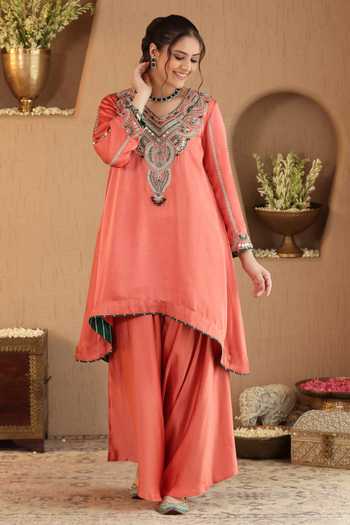 Buy Roohbyridhimaa Orange Silk Satin V-neck, Yes Rust Emerald Kurta And Draped Pant Co-ord Set Buy_Roohbyridhimaa_Orange Silk Satin V-neck, Yes Rust Emerald Kurta And Draped Pant Co-ord Set