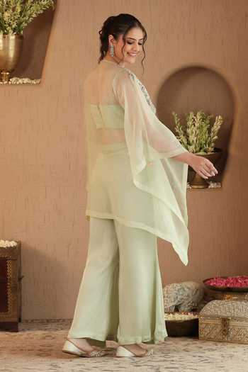 Roohbyridhimaa Pastel Green Rivaa Cape & Pant Co-Ord Set 
