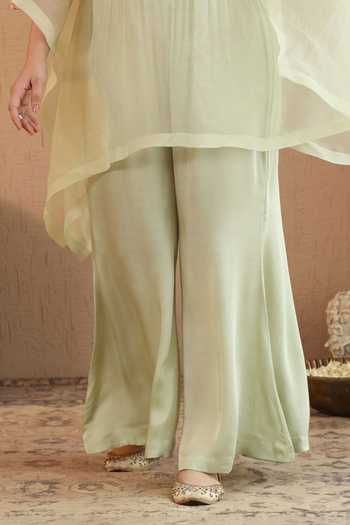 Buy_Roohbyridhimaa_Green Organza, Silk Satin Split V-neck Pastel Rivaa Cape And Pant Co-ord Set _Online_at_Aza_Fashions