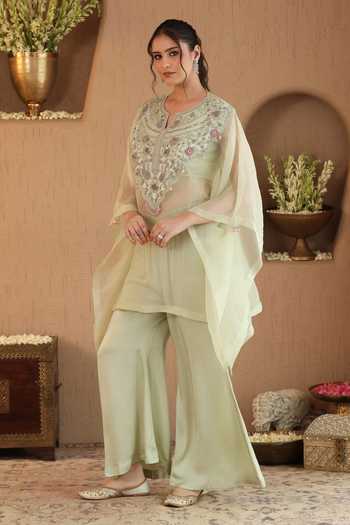 Shop_Roohbyridhimaa_Green Organza, Silk Satin Split V-neck Pastel Rivaa Cape And Pant Co-ord Set _Online_at_Aza_Fashions