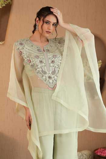 Roohbyridhimaa_Green Organza, Silk Satin Split V-neck Pastel Rivaa Cape And Pant Co-ord Set _at_Aza_Fashions