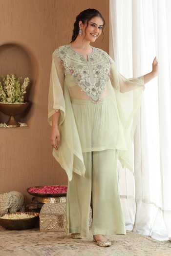 Buy_Roohbyridhimaa_Green Organza, Silk Satin Split V-neck Pastel Rivaa Cape And Pant Co-ord Set 