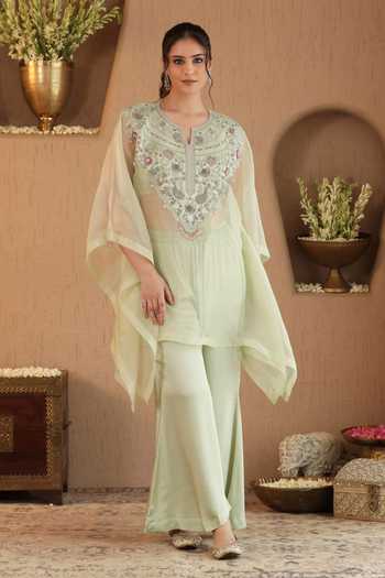 Shop_Roohbyridhimaa_Green Organza, Silk Satin Split V-neck Pastel Rivaa Cape And Pant Co-ord Set 