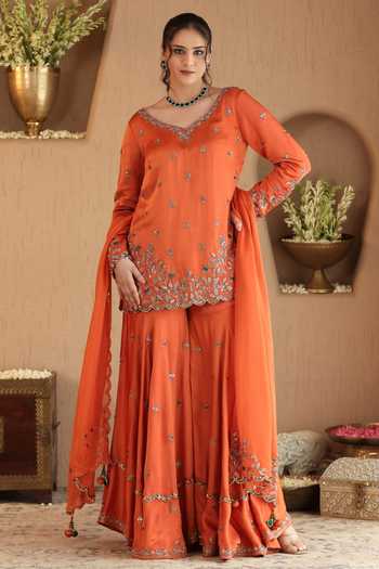 Roohbyridhimaa Rust Hania Embroidered Kurta Sharara Set 