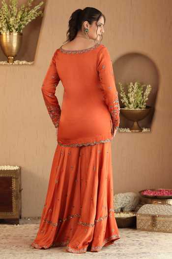 Roohbyridhimaa Rust Hania Embroidered Kurta Sharara Set 