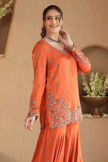 Buy Roohbyridhimaa Orange Silk Satin, Organza V-neck Rust Hania Embroidered Kurta Sharara Set Online at Aza Fashions Buy_Roohbyridhimaa_Orange Silk Satin, Organza V-neck Rust Hania Embroidered Kurta Sharara Set _Online_at_Aza_Fashions