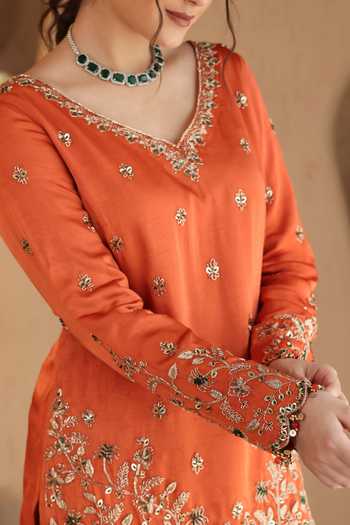 Shop Roohbyridhimaa Orange Silk Satin, Organza V-neck Rust Hania Embroidered Kurta Sharara Set Online at Aza Fashions Shop_Roohbyridhimaa_Orange Silk Satin, Organza V-neck Rust Hania Embroidered Kurta Sharara Set _Online_at_Aza_Fashions