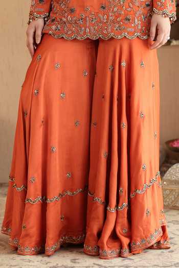 Roohbyridhimaa Orange Silk Satin, Organza V-neck Rust Hania Embroidered Kurta Sharara Set at Aza Fashions Roohbyridhimaa_Orange Silk Satin, Organza V-neck Rust Hania Embroidered Kurta Sharara Set _at_Aza_Fashions