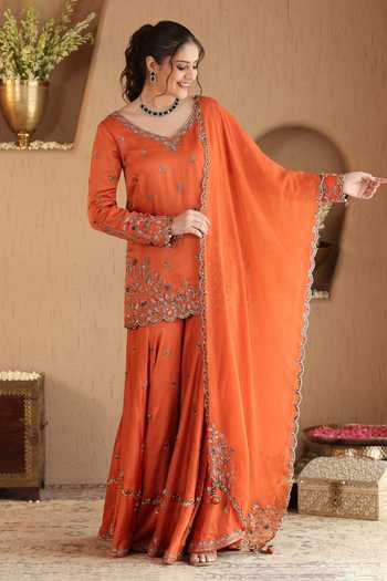 Buy Roohbyridhimaa Orange Silk Satin, Organza V-neck Rust Hania Embroidered Kurta Sharara Set Buy_Roohbyridhimaa_Orange Silk Satin, Organza V-neck Rust Hania Embroidered Kurta Sharara Set