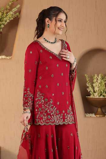 Buy Roohbyridhimaa Red Organza, Silk Satin V-neck Hania Embroidered Kurta Sharara Set Online at Aza Fashions Buy_Roohbyridhimaa_Red Organza, Silk Satin V-neck Hania Embroidered Kurta Sharara Set _Online_at_Aza_Fashions