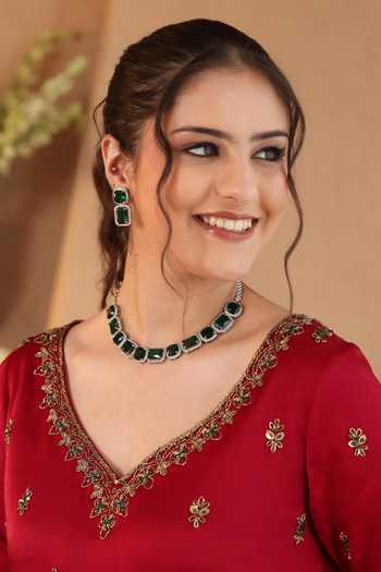 Roohbyridhimaa Red Organza, Silk Satin V-neck Hania Embroidered Kurta Sharara Set at Aza Fashions Roohbyridhimaa_Red Organza, Silk Satin V-neck Hania Embroidered Kurta Sharara Set _at_Aza_Fashions