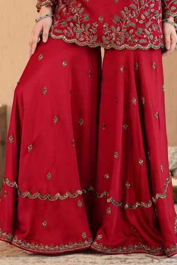 Buy Roohbyridhimaa Red Organza, Silk Satin V-neck Hania Embroidered Kurta Sharara Set Buy_Roohbyridhimaa_Red Organza, Silk Satin V-neck Hania Embroidered Kurta Sharara Set