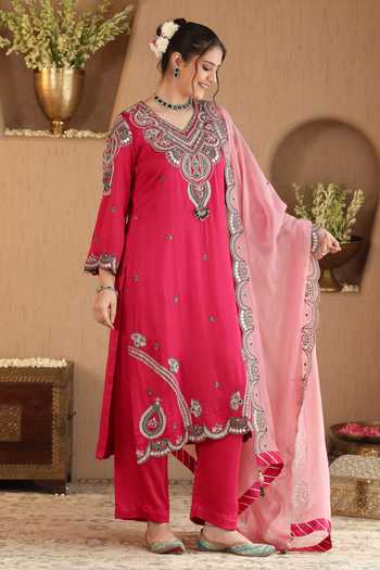 Shop_Roohbyridhimaa_Fuchsia Silk Satin, Organza V-neck Embroidered Kurta Set _Online_at_Aza_Fashions