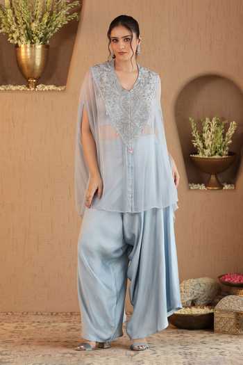 Roohbyridhimaa Powder Blue Era Cape & Draped Pant Co-ord Set 