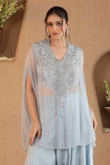 Buy Roohbyridhimaa Blue Silk Satin, Chiffon V-neck Powder Era Cape And Draped Pant Co-ord Set Online at Aza Fashions Buy_Roohbyridhimaa_Blue Silk Satin, Chiffon V-neck Powder Era Cape And Draped Pant Co-ord Set _Online_at_Aza_Fashions