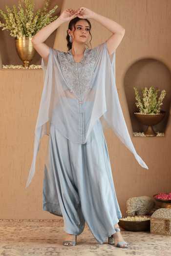 Roohbyridhimaa Blue Silk Satin, Chiffon V-neck Powder Era Cape And Draped Pant Co-ord Set at Aza Fashions Roohbyridhimaa_Blue Silk Satin, Chiffon V-neck Powder Era Cape And Draped Pant Co-ord Set _at_Aza_Fashions