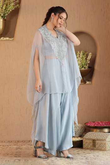 Buy Roohbyridhimaa Blue Silk Satin, Chiffon V-neck Powder Era Cape And Draped Pant Co-ord Set Buy_Roohbyridhimaa_Blue Silk Satin, Chiffon V-neck Powder Era Cape And Draped Pant Co-ord Set