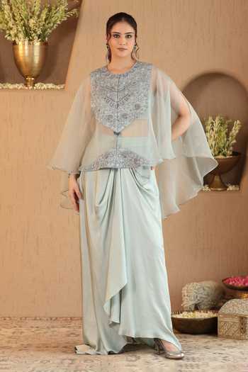 Roohbyridhimaa Soft Mint Green Ivara Cape & Dhoti Skirt Set 