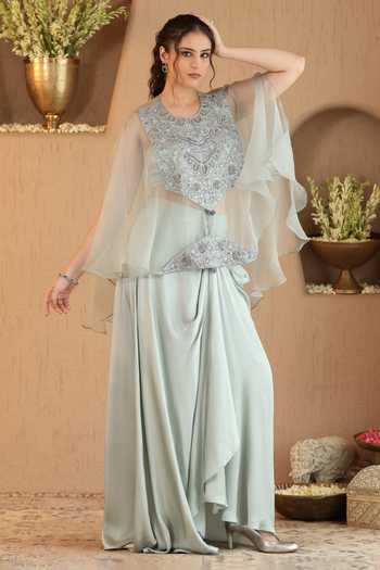 Buy Roohbyridhimaa Green Organza, Satin Round Soft Mint Ivara Cape And Dhoti Skirt Set Online at Aza Fashions Buy_Roohbyridhimaa_Green Organza, Satin Round Soft Mint Ivara Cape And Dhoti Skirt Set _Online_at_Aza_Fashions