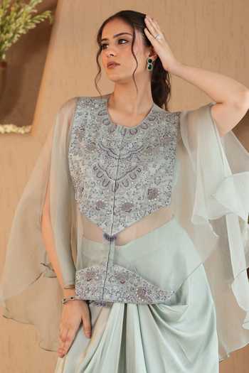 Shop Roohbyridhimaa Green Organza, Satin Round Soft Mint Ivara Cape And Dhoti Skirt Set Online at Aza Fashions Shop_Roohbyridhimaa_Green Organza, Satin Round Soft Mint Ivara Cape And Dhoti Skirt Set _Online_at_Aza_Fashions
