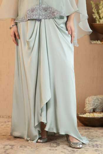 Roohbyridhimaa Green Organza, Satin Round Soft Mint Ivara Cape And Dhoti Skirt Set at Aza Fashions Roohbyridhimaa_Green Organza, Satin Round Soft Mint Ivara Cape And Dhoti Skirt Set _at_Aza_Fashions
