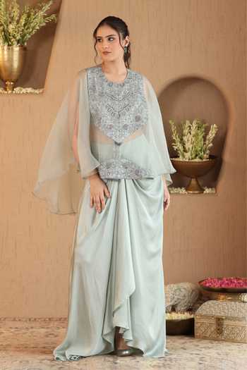 Buy Roohbyridhimaa Green Organza, Satin Round Soft Mint Ivara Cape And Dhoti Skirt Set Buy_Roohbyridhimaa_Green Organza, Satin Round Soft Mint Ivara Cape And Dhoti Skirt Set