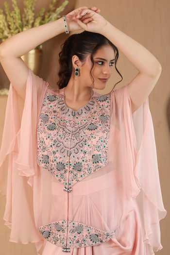 Buy_Roohbyridhimaa_Pink Chiffon, Silk Satin Round Neck Blush Ivara Cape And Dhoti Skirt Set _Online_at_Aza_Fashions