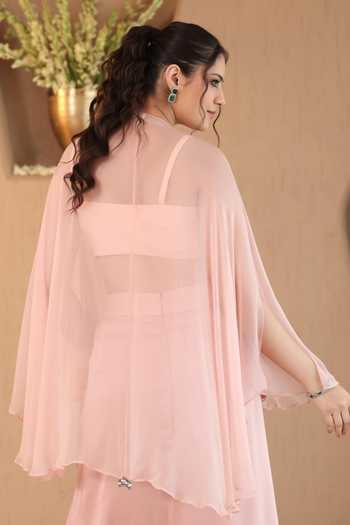 Shop_Roohbyridhimaa_Pink Chiffon, Silk Satin Round Neck Blush Ivara Cape And Dhoti Skirt Set _Online_at_Aza_Fashions