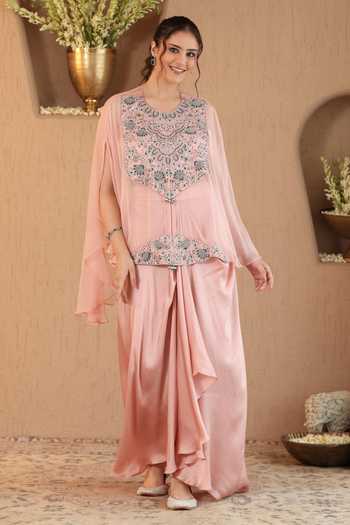 Roohbyridhimaa_Pink Chiffon, Silk Satin Round Neck Blush Ivara Cape And Dhoti Skirt Set _at_Aza_Fashions