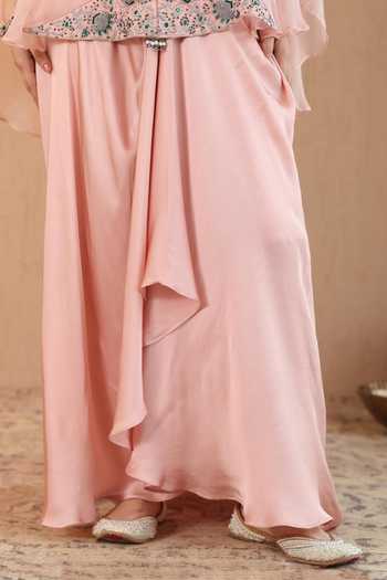 Buy_Roohbyridhimaa_Pink Chiffon, Silk Satin Round Neck Blush Ivara Cape And Dhoti Skirt Set 