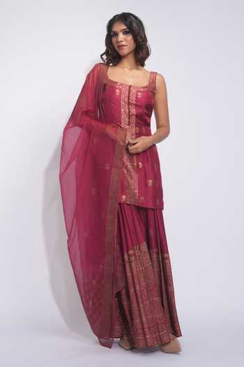 Shruti S_Maroon Silk, Satin, Modal, Organza Square Hand Block Print Kurta Sharara Set _Online_at_Aza_Fashions