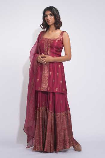 Shop_Shruti S_Maroon Silk, Satin, Modal, Organza Square Hand Block Print Kurta Sharara Set _Online_at_Aza_Fashions