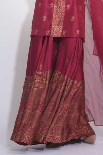 Shruti S Maroon Silk, Satin, Modal, Organza Square Hand Block Print Kurta Sharara Set at Aza Fashions Shruti S_Maroon Silk, Satin, Modal, Organza Square Hand Block Print Kurta Sharara Set _at_Aza_Fashions