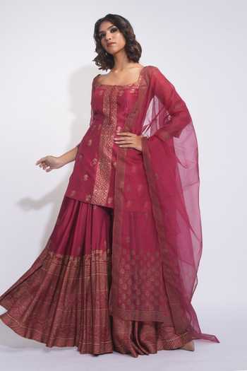 Buy_Shruti S_Maroon Silk, Satin, Modal, Organza Square Hand Block Print Kurta Sharara Set 