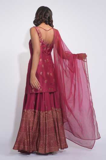 Shop_Shruti S_Maroon Silk, Satin, Modal, Organza Square Hand Block Print Kurta Sharara Set 