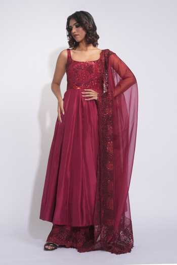 Shruti S_Burgundy Silk, Organza Embroidery, Sequins Square Neck Anarkali Palazzo Set _Online_at_Aza_Fashions