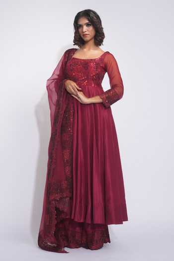 Buy_Shruti S_Burgundy Silk, Organza Embroidery, Sequins Square Neck Anarkali Palazzo Set _Online_at_Aza_Fashions