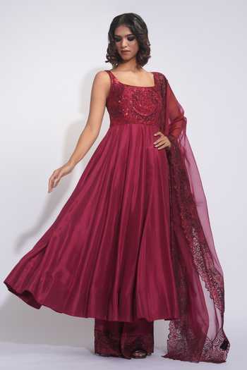 Shop_Shruti S_Burgundy Silk, Organza Embroidery, Sequins Square Neck Anarkali Palazzo Set _Online_at_Aza_Fashions