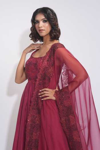 Shruti S_Burgundy Silk, Organza Embroidery, Sequins Square Neck Anarkali Palazzo Set _at_Aza_Fashions