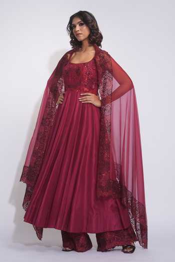 Buy_Shruti S_Burgundy Silk, Organza Embroidery, Sequins Square Neck Anarkali Palazzo Set 