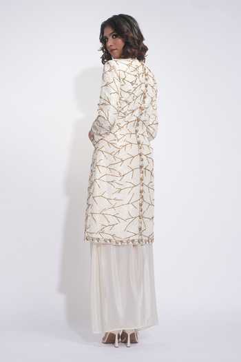 Shruti S_Off White Silk, Crepe V-neck Pathani Embroidered Jacket And Skirt Set _Online_at_Aza_Fashions