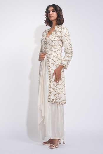 Buy_Shruti S_Off White Silk, Crepe V-neck Pathani Embroidered Jacket And Skirt Set _Online_at_Aza_Fashions