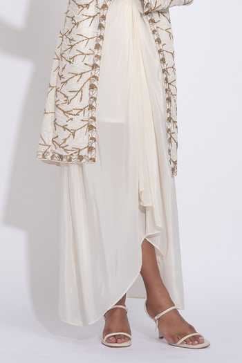 Shop Shruti S Off White Silk, Crepe V-neck Pathani Embroidered Jacket And Skirt Set Online at Aza Fashions Shop_Shruti S_Off White Silk, Crepe V-neck Pathani Embroidered Jacket And Skirt Set _Online_at_Aza_Fashions